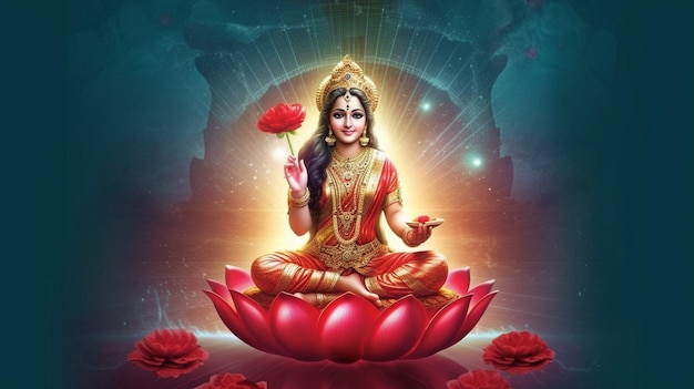 Generative AI depicts the Hindu goddess Laxmi a symbol of riches and prosperity as having a celestial aura and sitting on a flowering lotus flower