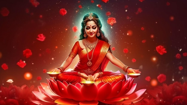 Generative AI depicts the Hindu goddess Laxmi a symbol of riches and prosperity as having a celestial aura and sitting on a flowering lotus flower