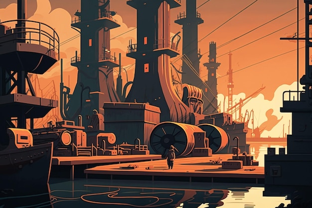 Generative AI Depicts an Industrial Port at Twilight Silhouetted Ships Cranes