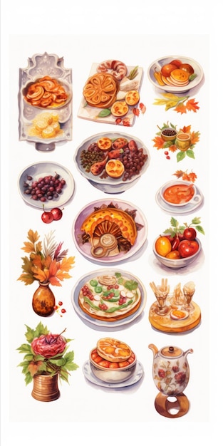 Generative AI Digital miniatures capturing various Thanksgiving dishes in detailed watercolor textures showcased in a feminine sticker art format with white and bronze accents