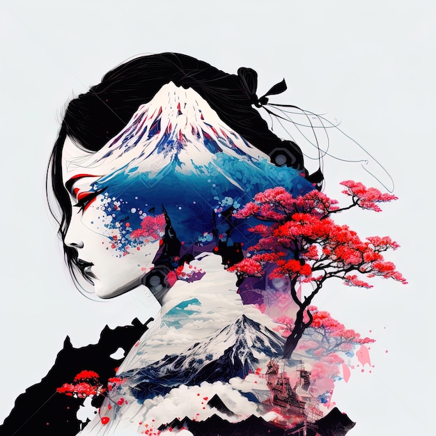 Generative AI double exposure of a gorgeous geisha and Mount Fuji with peach flower and river Beautiful face of Asian woman on white background image combined with nature green mountains landscape