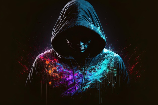 Generative AI double exposure a lone figure in a hoodie and power boxing universes collide with neon cyberpunk holography cosmic background Anonymous man in a black hoodie hacking computer avatar