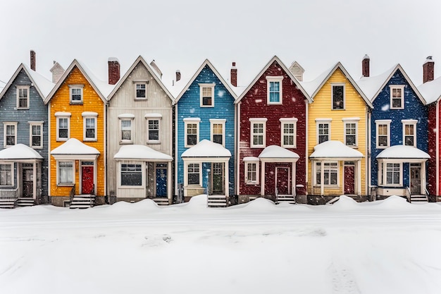 Generative AI drawing illustration of nordic houses on a snowing dayMinimalist illustration styleDigital art