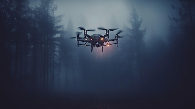 Generative AI a drone performs a reconnaissance flight in the forest