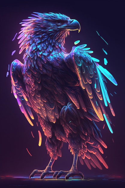 Generative AI of an eagle in neon light on a dark background