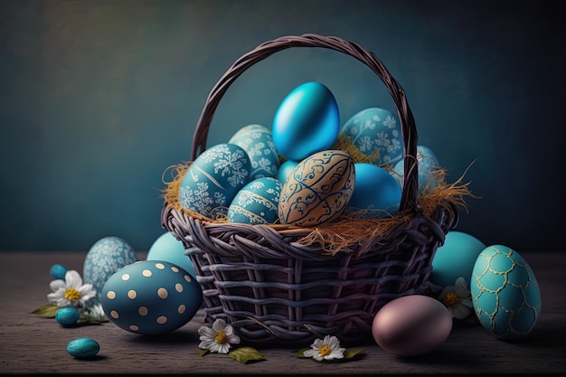 Generative AI easter eggs in a basket against the backdrop of a blue room pastel colors Spring concept Easter eggs iridescent color lustrous and pearly Illustration