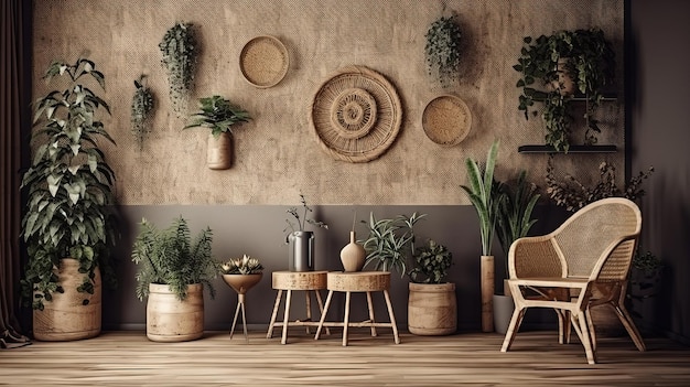 Generative AI Eco wooden room with plants with natural furniture boho ethnic chic style interior design