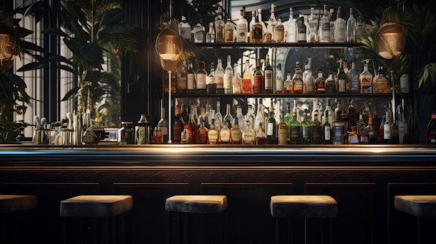 Generative AI Elegant bar area featuring a variety of premium drinks and cocktails