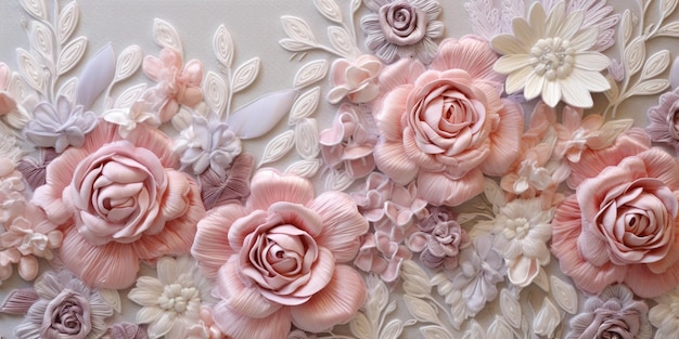 Generative AI embroidered shabby chic baroque light pink roses pattern Floral print