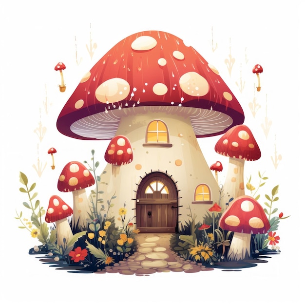 Generative AI An enchanting cottage adorned with fairy lights and surrounded by whimsical mushrooms