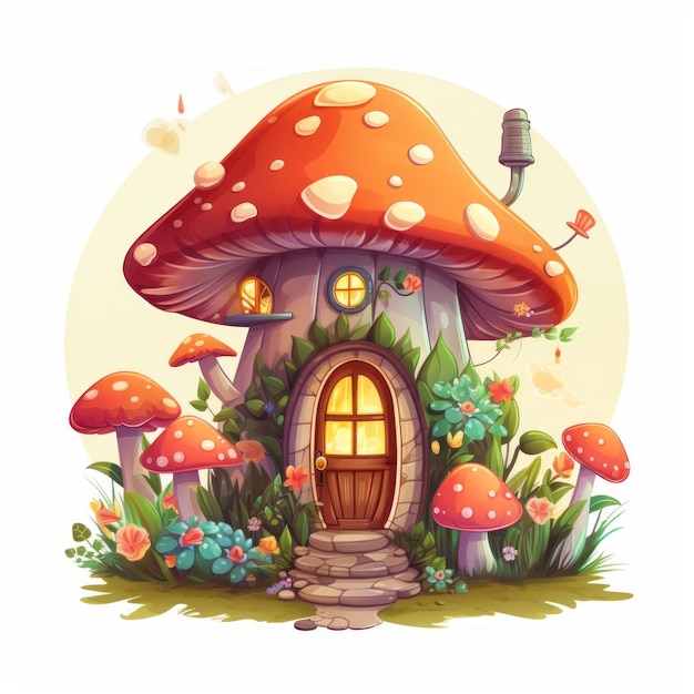 Generative AI An enchanting cottage adorned with fairy lights and surrounded by whimsical mushrooms