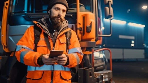 Generative AI Engineer stands on the stairs leading to a truck's cab