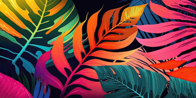 Generative AI exotic pattern with palm leaves Bright tropical background Horizontal wide photo