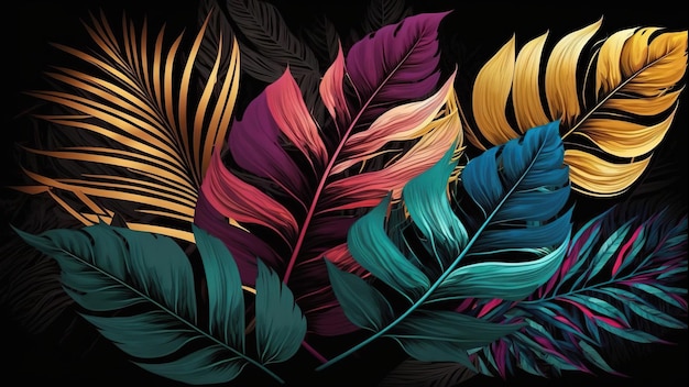 Generative AI exotic pattern with palm leaves Bright tropical background Horizontal wide photo