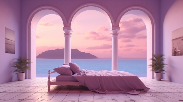 Generative AI Fantasy purple relax room with dreamy bed arch windows and beautiful landscape