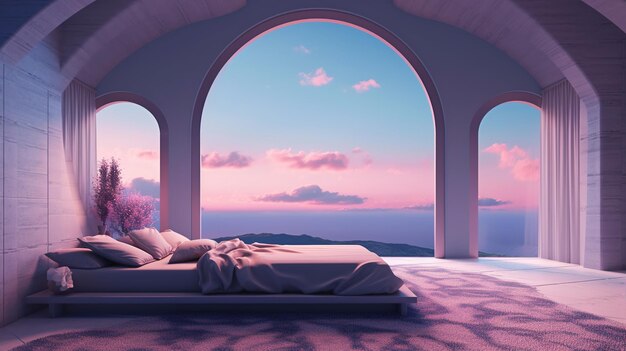 Generative AI Fantasy purple relax room with dreamy bed arch windows and beautiful landscape