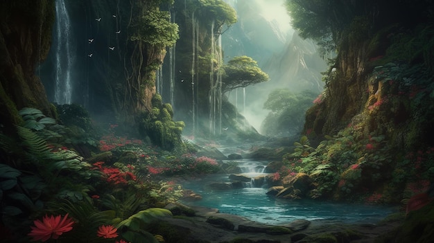 Generative AI Fascinating painting of a fantasy landscape of a jungle with waterfalls