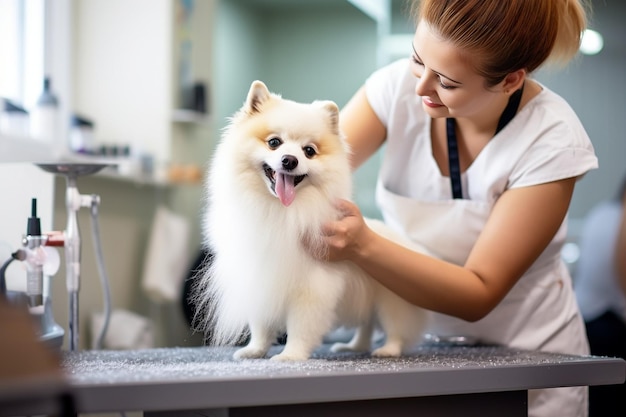 Generative AI A Female professional groomer trimming haircut dog at pet spa grooming salon