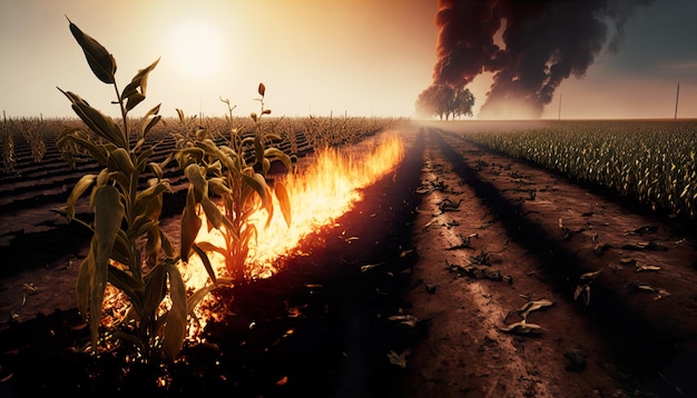 Generative AI field engulfed in flames of orange fire and crops and plants burning