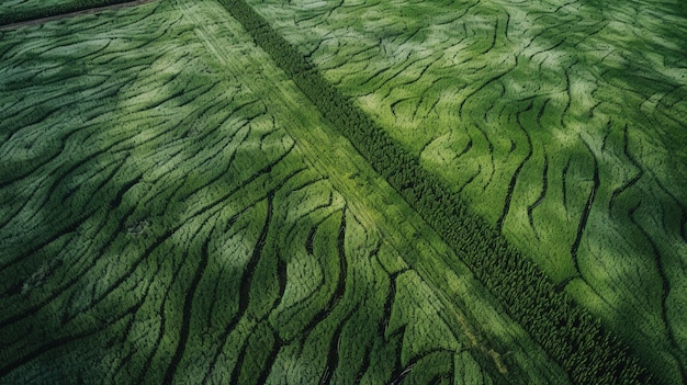 Generative AI field of green grass with water sprinkled aerial view drone photography