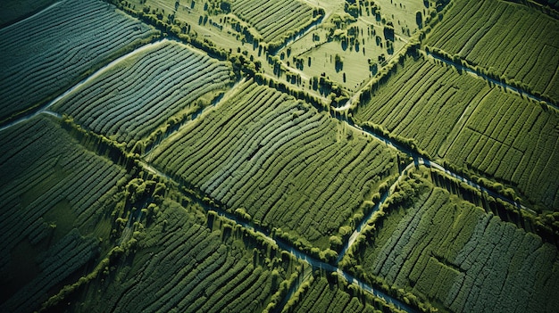 Generative AI field of green grass with water sprinkled aerial view drone photography