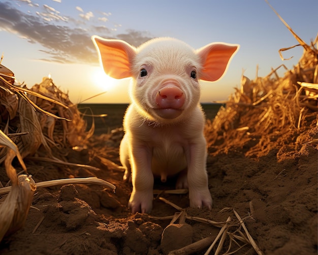 Generative ai fisheye angle photography of a piglet on farm