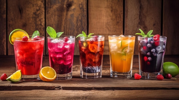 Generative AI five different fresh iced fruit drinks on a wooden background