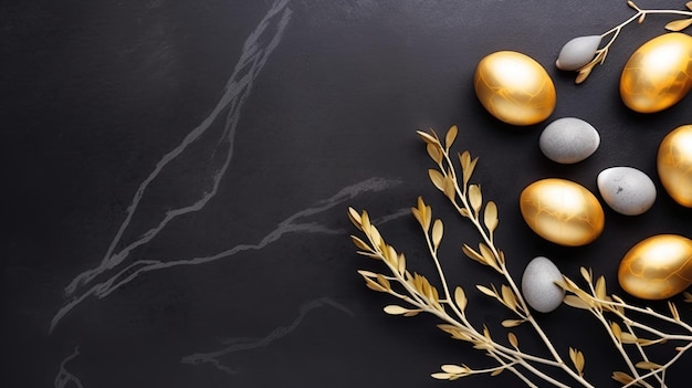 Generative AI flatlay composition Golden Easter eggs with flowers on a black marble background Copying space View from above Horizontal illustration