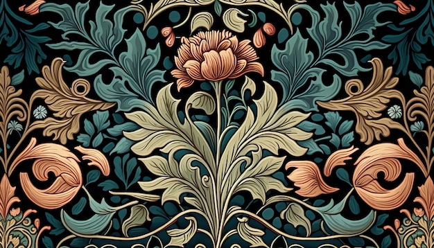 Generative AI Floral colorful pattern William Morris inspired natural plants and flowers background