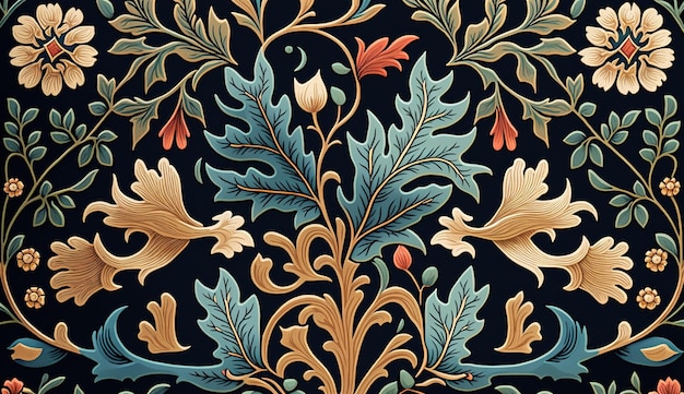 Generative AI Floral colorful pattern William Morris inspired natural plants and flowers background