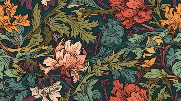 Generative AI Floral colorful pattern William Morris inspired natural plants and flowers background