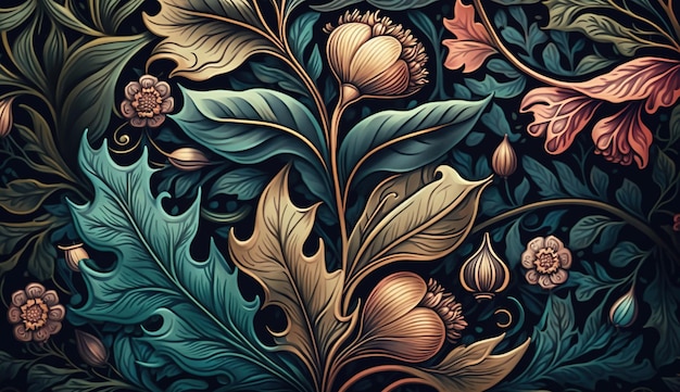 Generative AI Floral colorful pattern William Morris inspired natural plants and flowers background