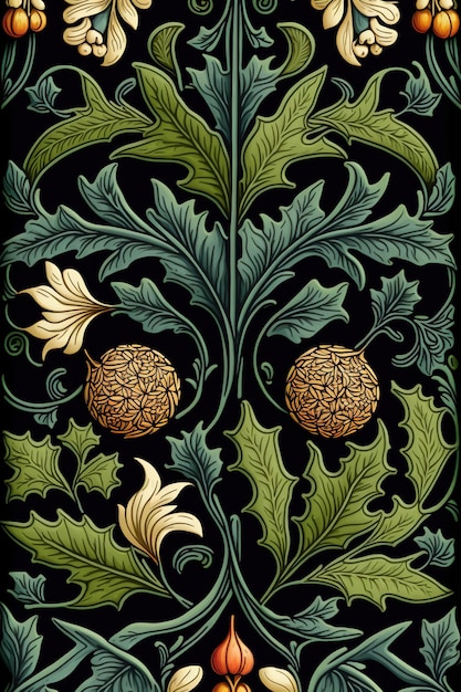 Generative AI Floral colorful pattern William Morris inspired natural plants and flowers vertical