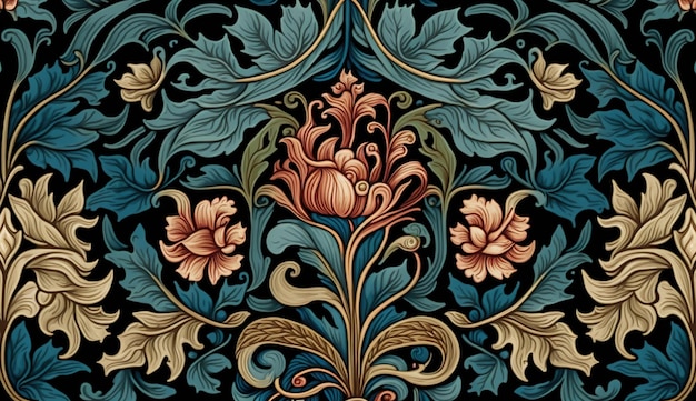 Generative AI Floral colorful pattern William Morris inspired natural plants and flowers