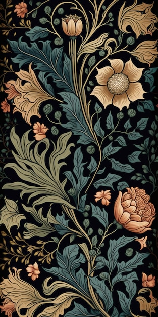 Generative AI Floral colorful pattern William Morris inspired natural plants and flowers