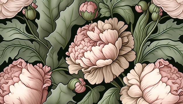 Generative AI Floral colorful pattern William Morris inspired natural plants and pink peony flowers