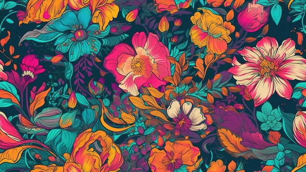 Generative AI Floral colorful seamless pattern Lisa Frank and James Jean inspired natural plants