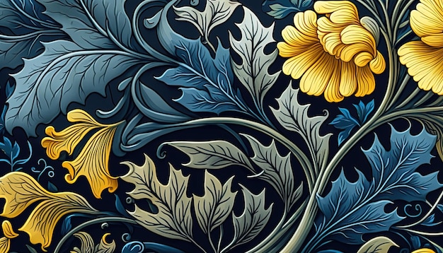 Generative AI Floral yellow blue green colors pattern William Morris inspired natural plants