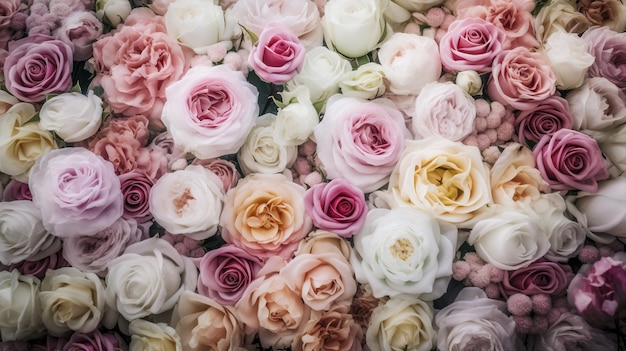 Generative AI flowers wall background with white and light pink fresh roses pastel and soft bouquet