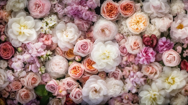 Generative AI flowers wall background with white and light pink fresh roses pastel and soft bouquet