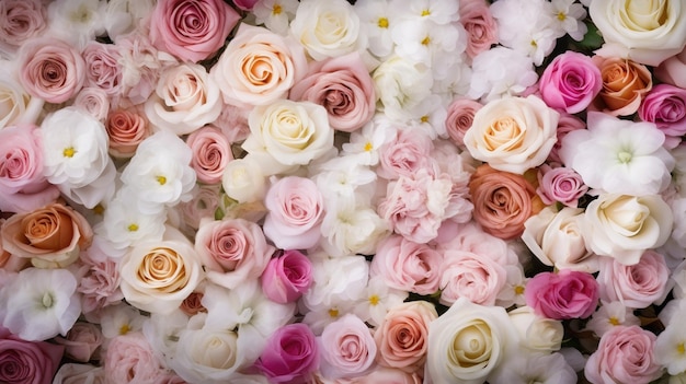 Generative AI flowers wall background with white and light pink fresh roses pastel and soft bouquet