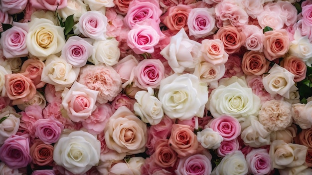 Generative AI flowers wall background with white and light pink fresh roses pastel and soft bouquet