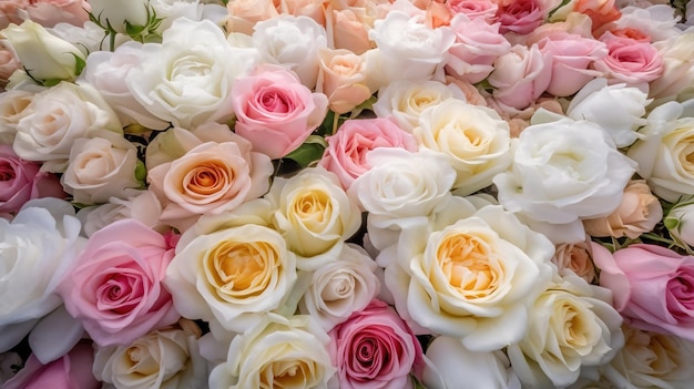 Generative AI flowers wall background with white and light pink fresh roses pastel and soft bouquet