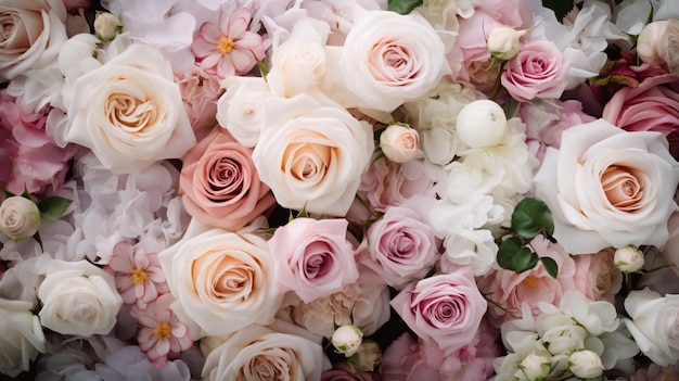 Generative AI flowers wall background with white and light pink fresh roses pastel and soft bouquet