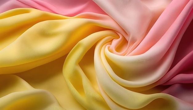 Generative AI Flowing chiffon fabric texture in light pink and yellow color Glossy spring banner