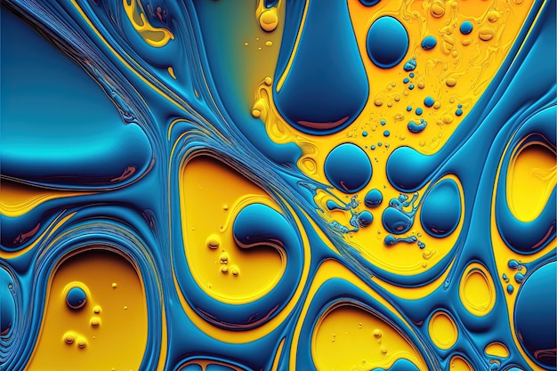 Generative AI, Flowing liquid with splashes in blue and yellow color. Glossy Ukrainian flag fluid