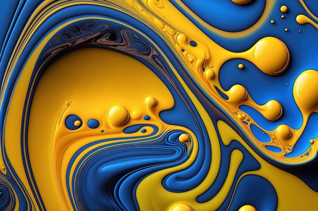 Generative AI Flowing liquid with splashes in blue and yellow color Glossy Ukrainian flag fluid