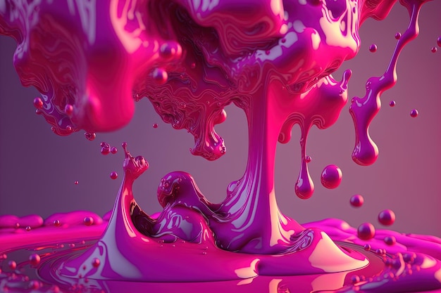 Generative AI Flowing liquid with splashes in magenta color Glossy pink fluid banner 3D effect