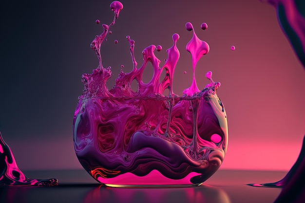 Generative AI Flowing liquid with splashes in magenta color Glossy pink fluid banner