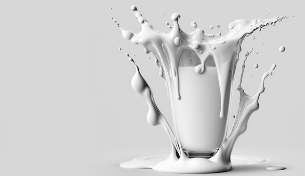 Generative AI Flowing liquid with splashes in white color Glossy cream milk fluid banner 3D effect